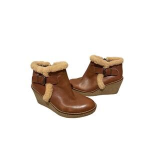 Sam Edelman Leather Size 7 Tan Brown Sherpa Lined Wedge Booties
